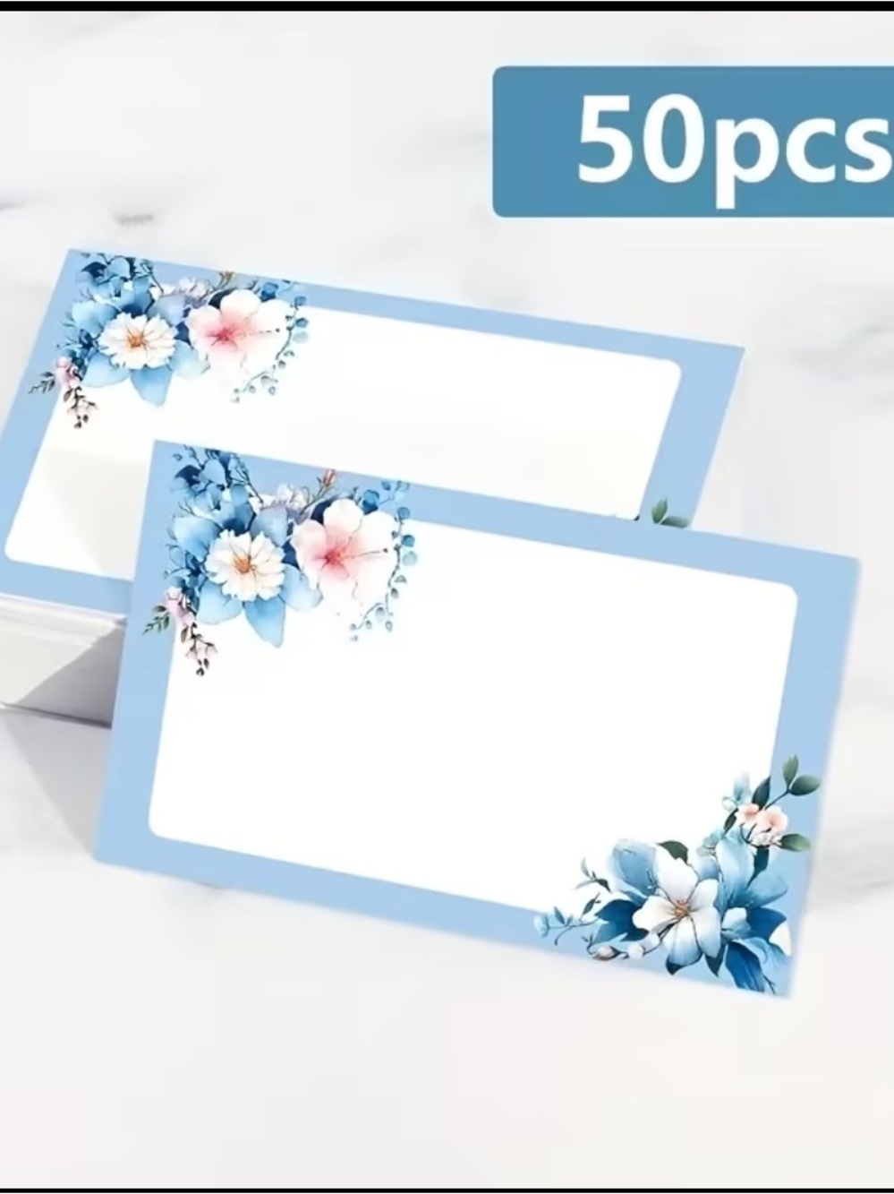50pc Blue Floral Blank Cards